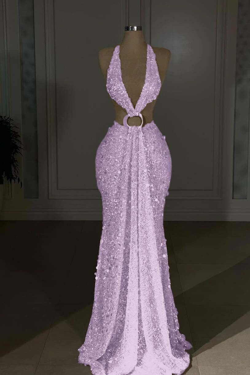 Champagne Mermaid Prom Dress Sleeveless Halter Neck Sequined Evening Dress