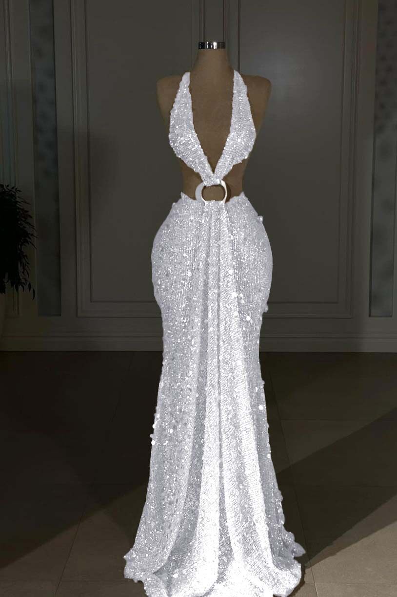 Champagne Mermaid Prom Dress Sleeveless Halter Neck Sequined Evening Dress