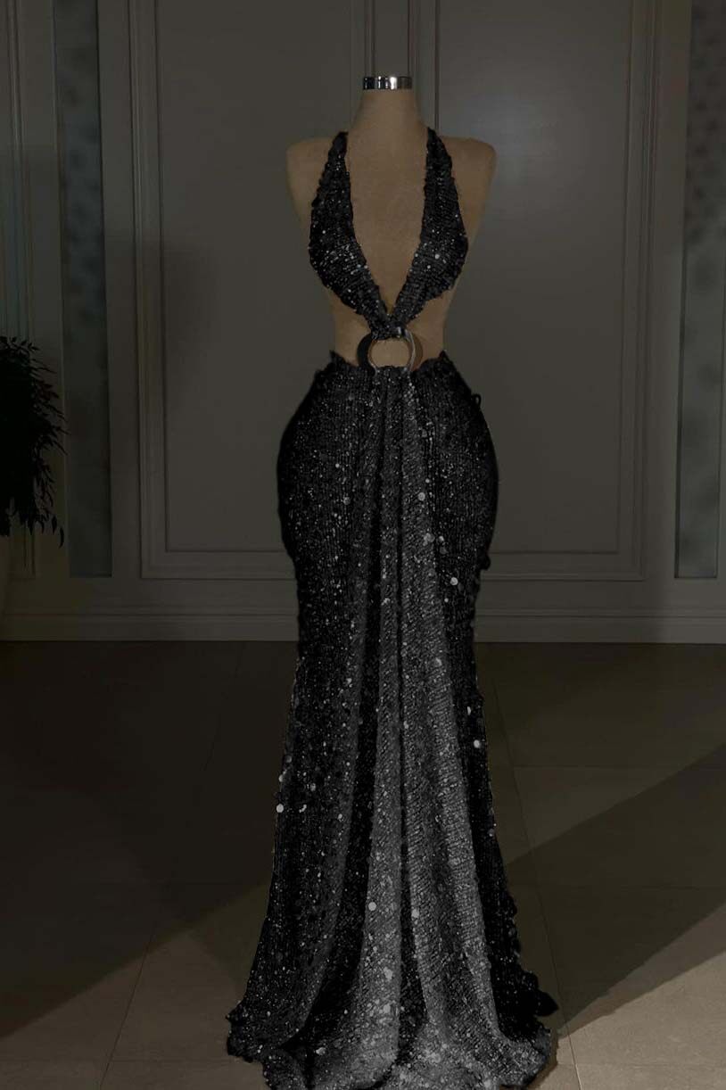 Champagne Mermaid Prom Dress Sleeveless Halter Neck Sequined Evening Dress