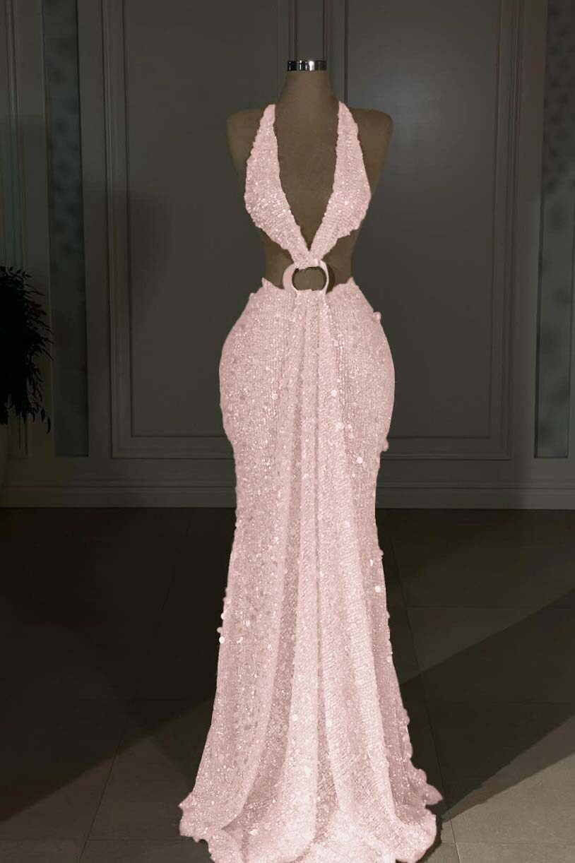 Champagne Mermaid Prom Dress Sleeveless Halter Neck Sequined Evening Dress