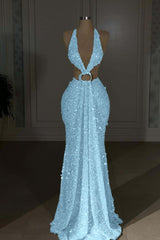 Champagne Mermaid Prom Dress Sleeveless Halter Neck Sequined Evening Dress