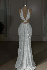 Champagne Mermaid Prom Dress Sleeveless Halter Neck Sequined Evening Dress