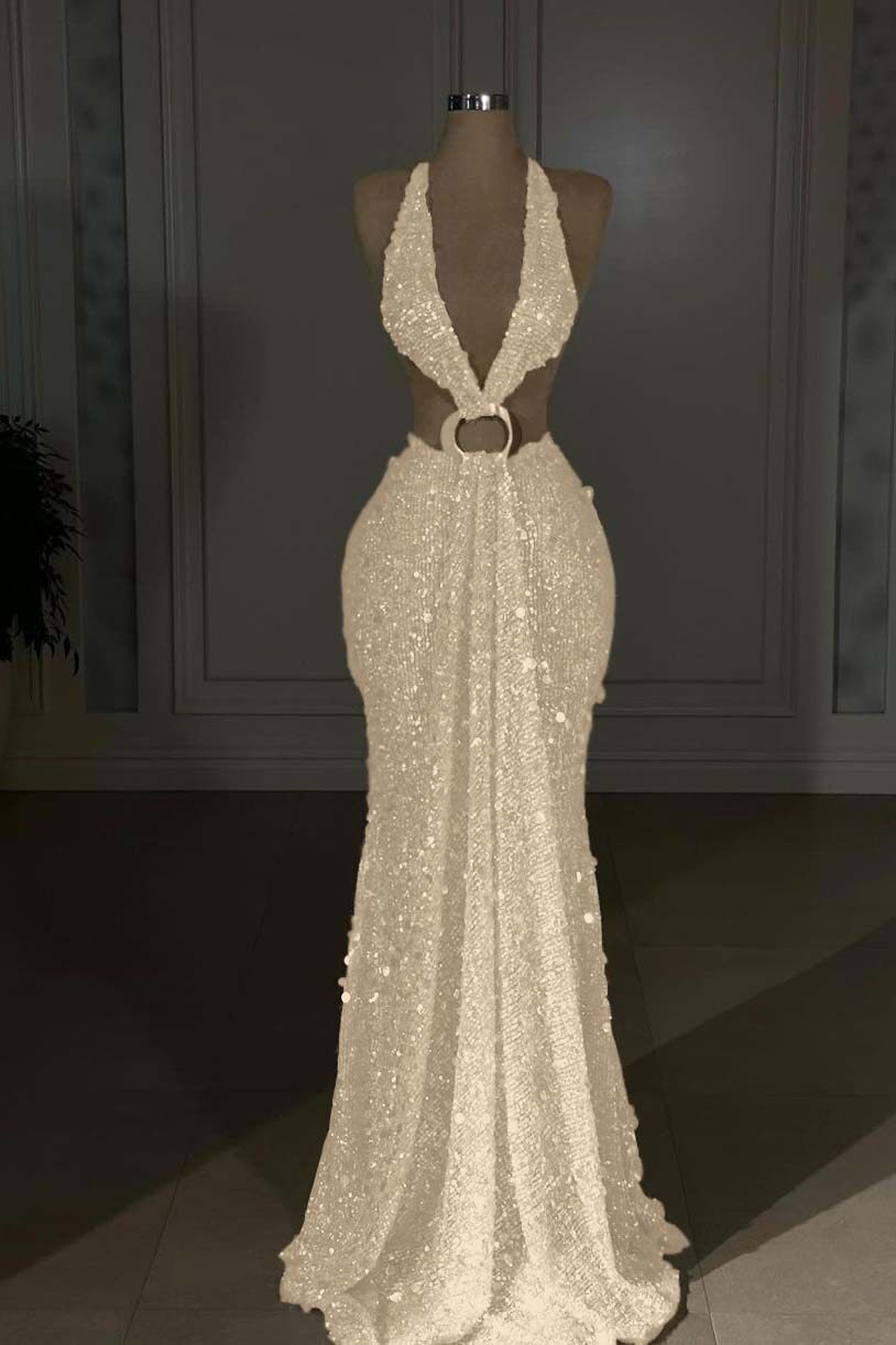 Champagne Mermaid Prom Dress Sleeveless Halter Neck Sequined Evening Dress