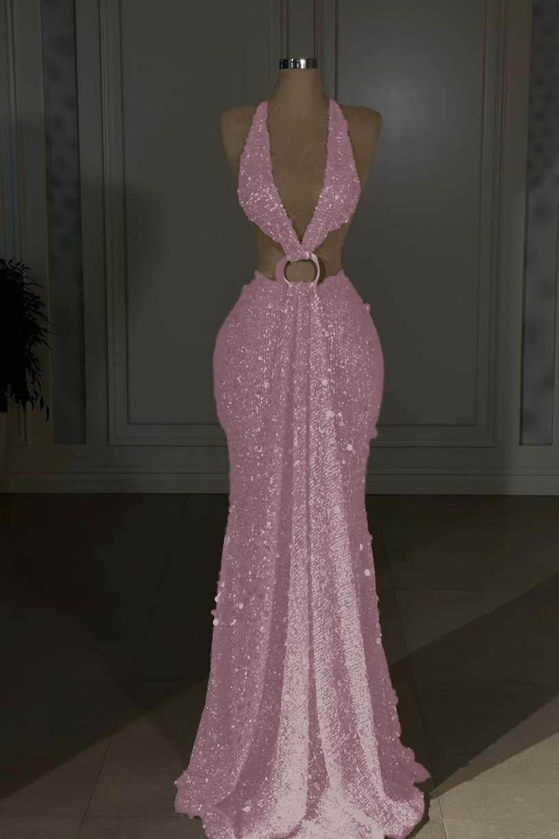 Champagne Mermaid Prom Dress Sleeveless Halter Neck Sequined Evening Dress