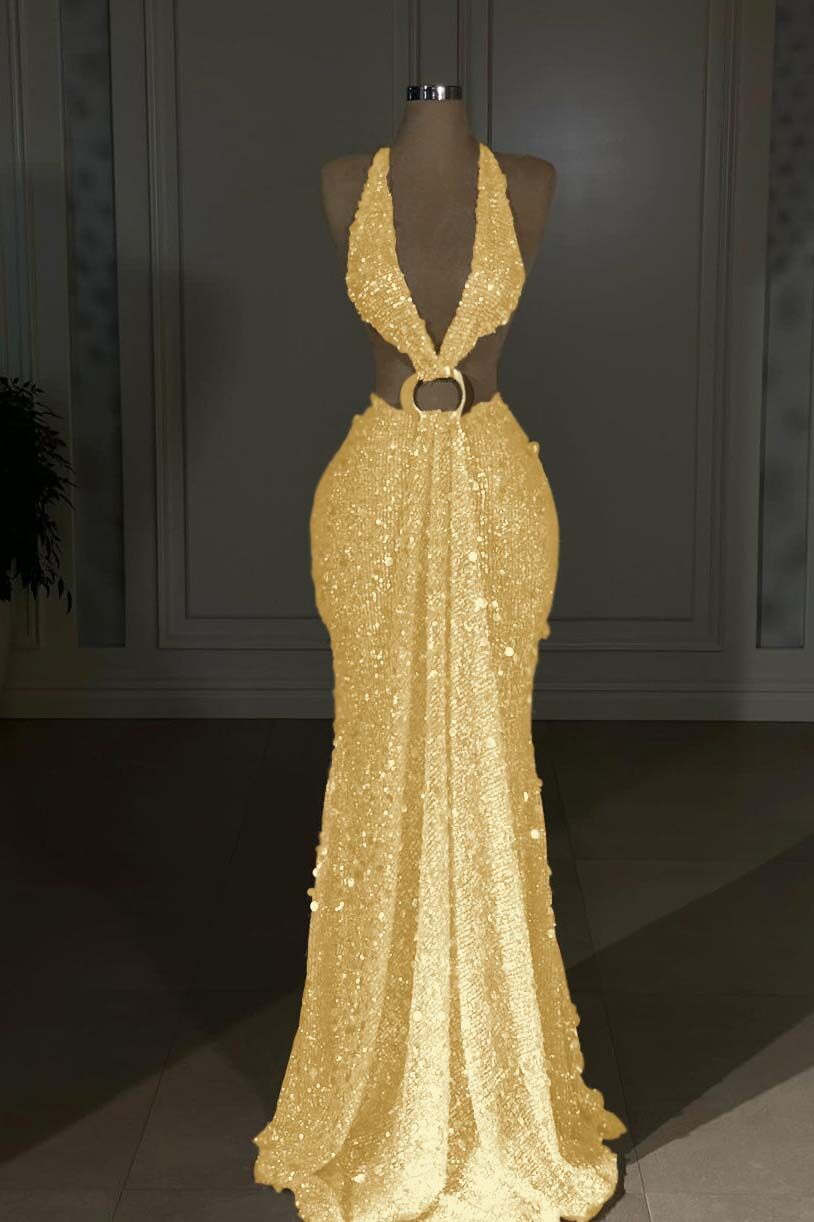 Champagne Mermaid Prom Dress Sleeveless Halter Neck Sequined Evening Dress