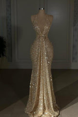 Champagne Mermaid Prom Dress Sleeveless Halter Neck Sequined Evening Dress
