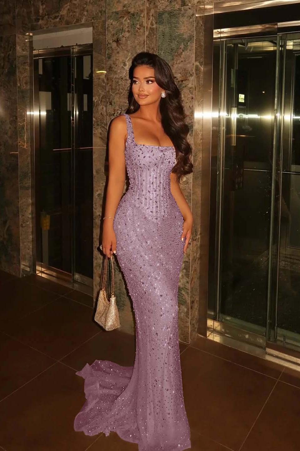 Champagne Mermaid Prom Dress Sleeveless Square Neck Beaded Evening Dress