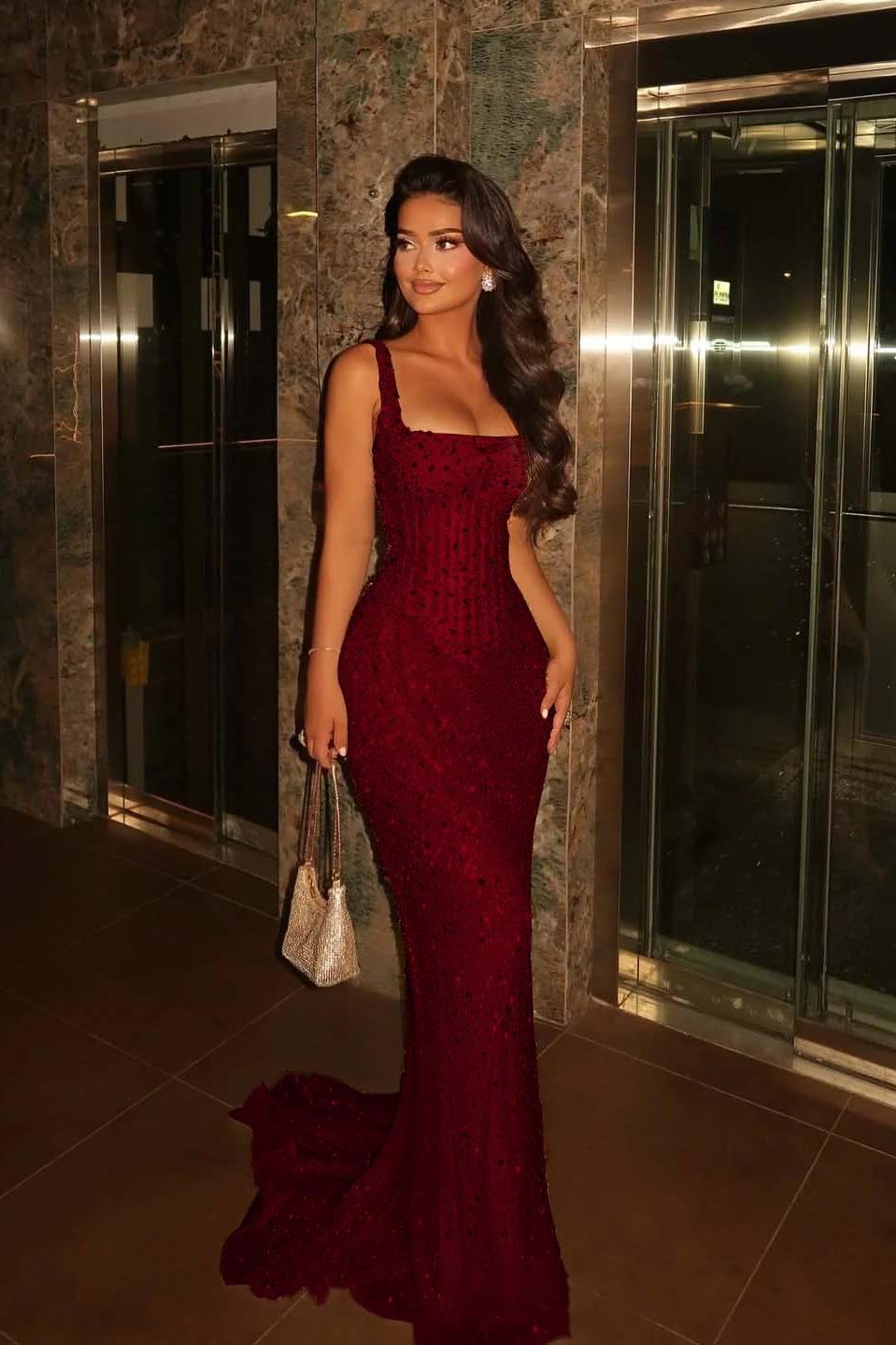 Champagne Mermaid Prom Dress Sleeveless Square Neck Beaded Evening Dress