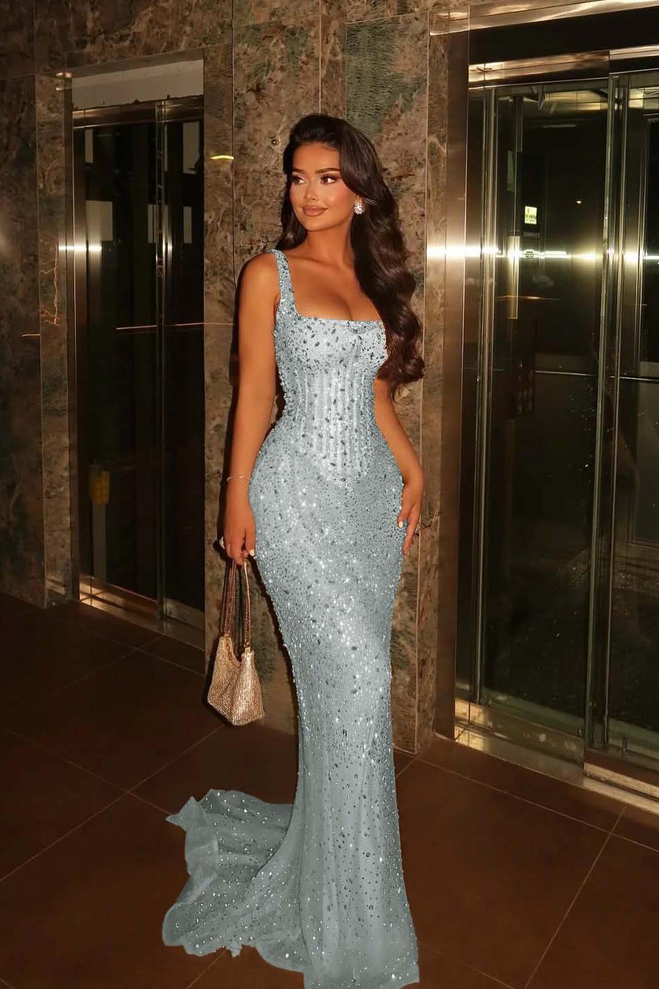 Champagne Mermaid Prom Dress Sleeveless Square Neck Beaded Evening Dress