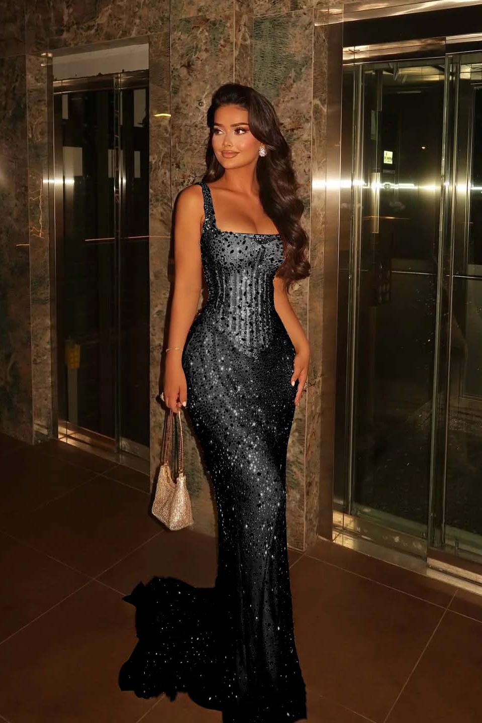 Champagne Mermaid Prom Dress Sleeveless Square Neck Beaded Evening Dress