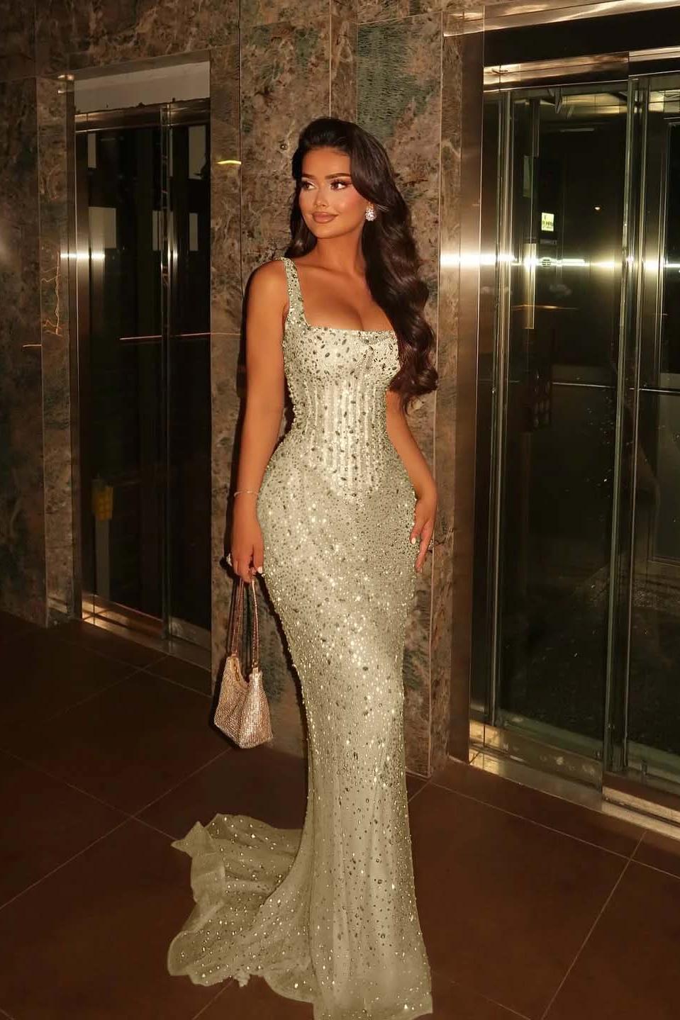 Champagne Mermaid Prom Dress Sleeveless Square Neck Beaded Evening Dress