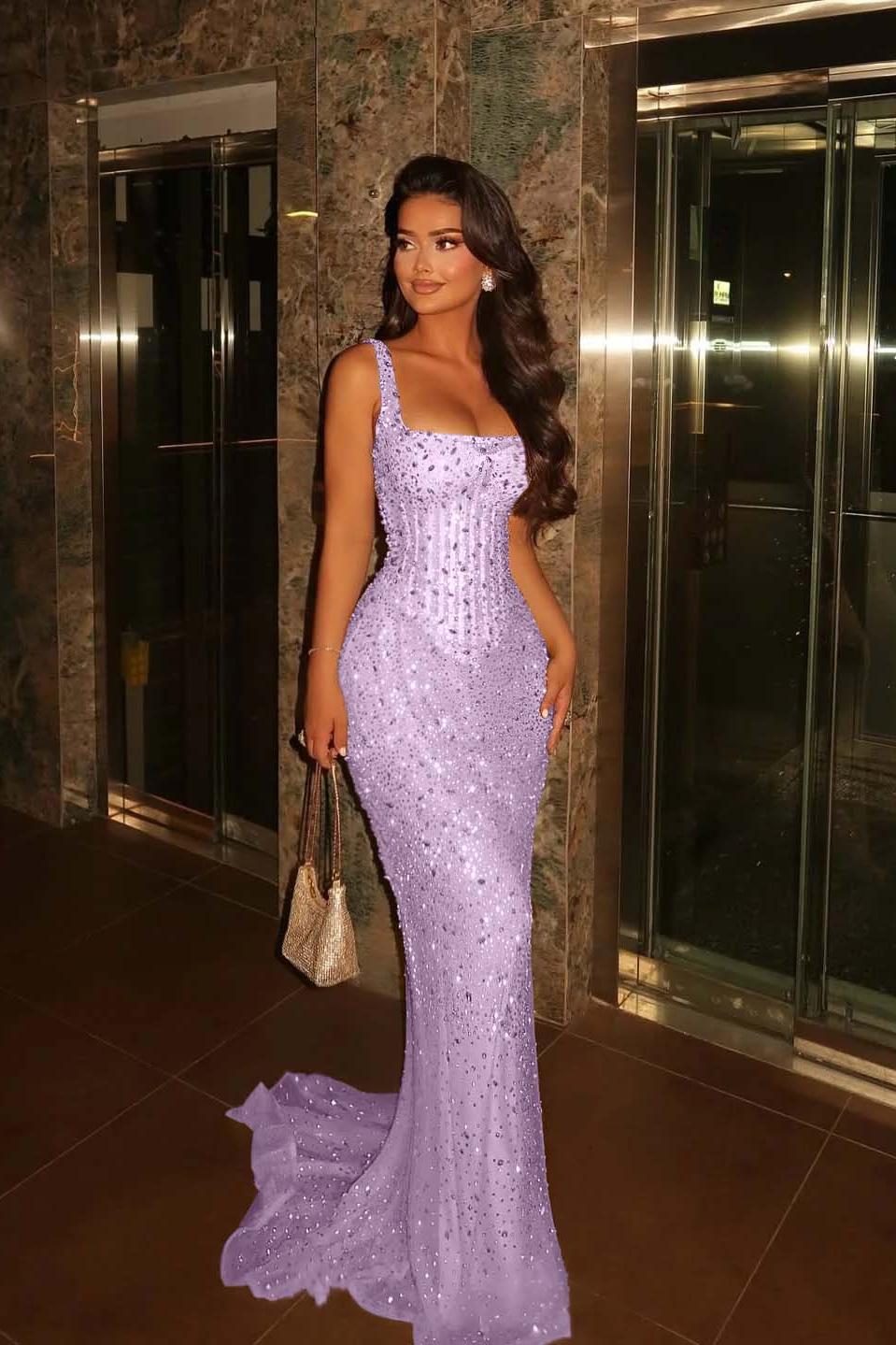 Champagne Mermaid Prom Dress Sleeveless Square Neck Beaded Evening Dress
