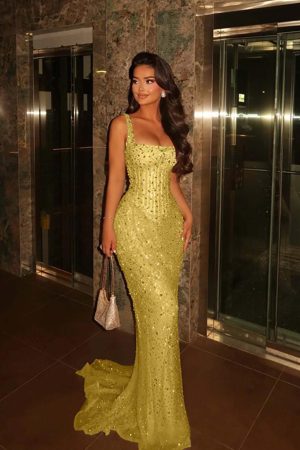 Champagne Mermaid Prom Dress Sleeveless Square Neck Beaded Evening Dress
