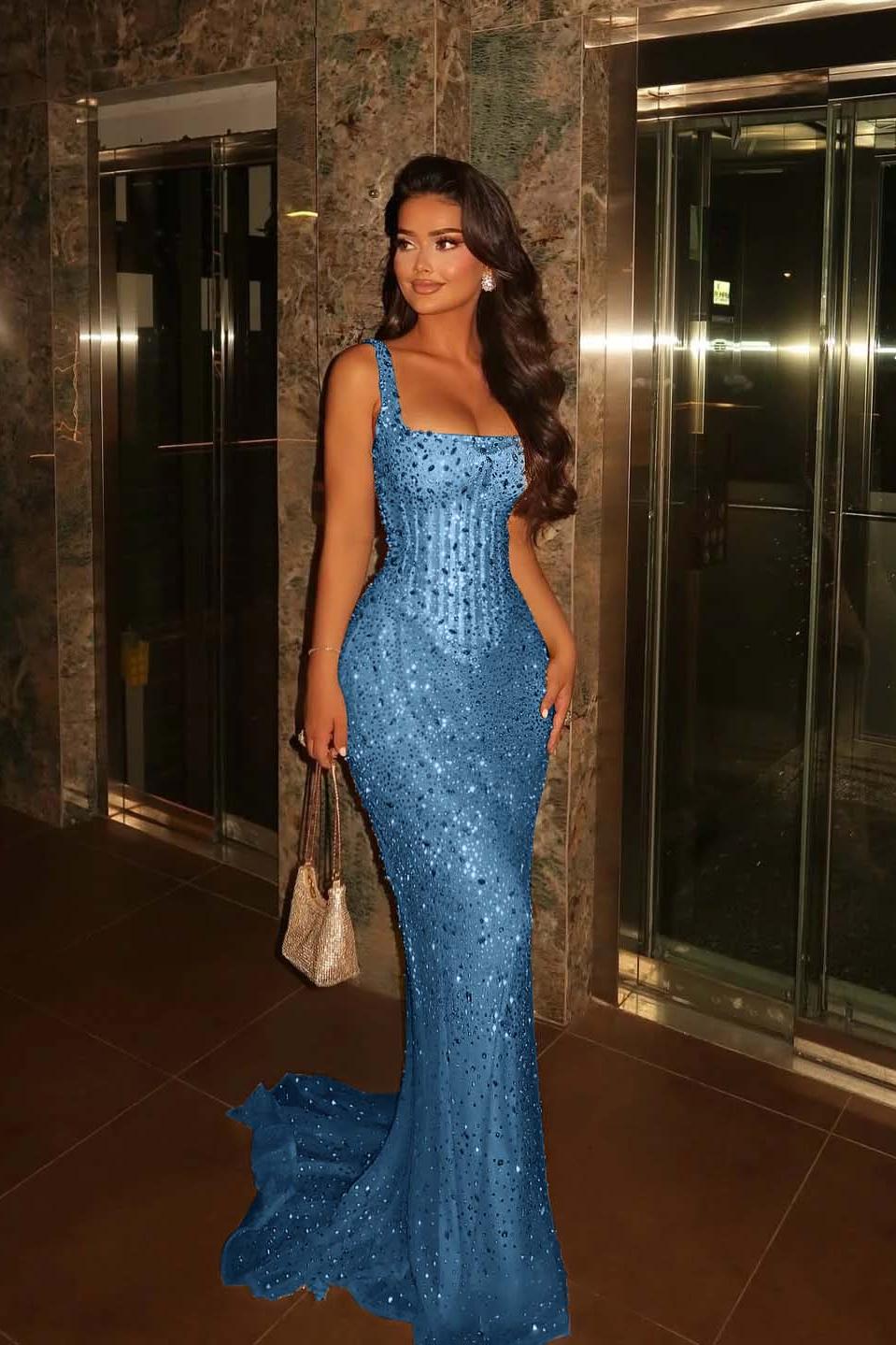 Champagne Mermaid Prom Dress Sleeveless Square Neck Beaded Evening Dress
