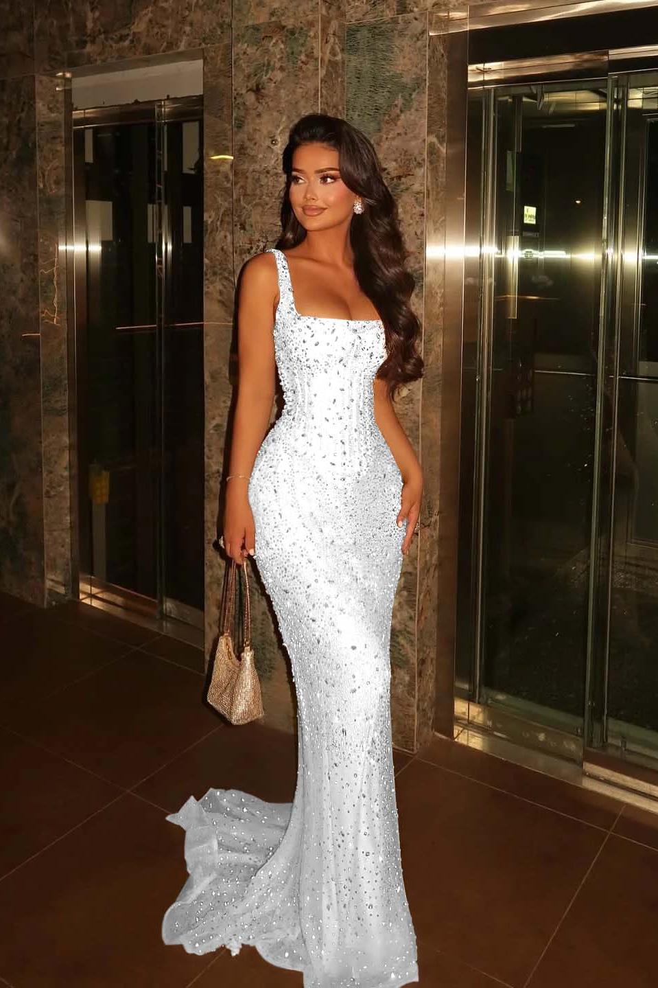 Champagne Mermaid Prom Dress Sleeveless Square Neck Beaded Evening Dress