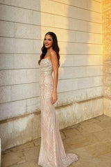 Champagne Mermaid Prom Dress Sleeveless Strapless Sequined Evening Dress