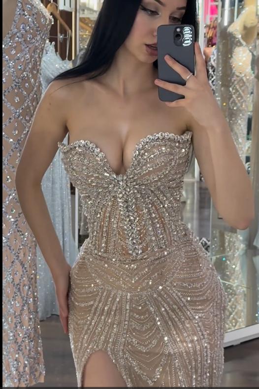 Champagne Mermaid Prom Dress Sleeveless Sweetheart Beaded Evening Dress