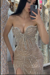 Champagne Mermaid Prom Dress Sleeveless Sweetheart Beaded Evening Dress
