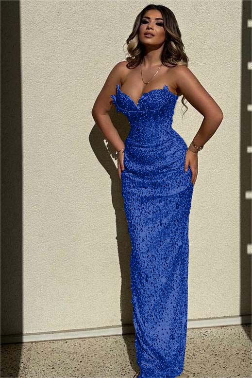 Champagne Mermaid Prom Dress Sleeveless Sweetheart Sequined Evening Dress