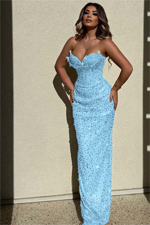 Champagne Mermaid Prom Dress Sleeveless Sweetheart Sequined Evening Dress