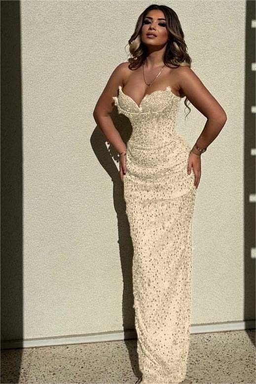Champagne Mermaid Prom Dress Sleeveless Sweetheart Sequined Evening Dress