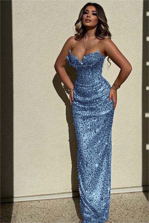Champagne Mermaid Prom Dress Sleeveless Sweetheart Sequined Evening Dress