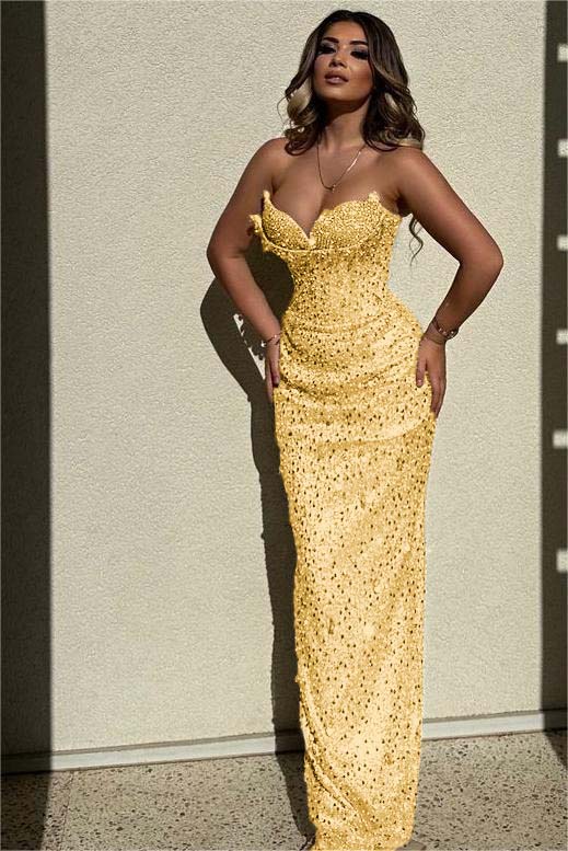 Champagne Mermaid Prom Dress Sleeveless Sweetheart Sequined Evening Dress