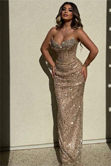 Champagne Mermaid Prom Dress Sleeveless Sweetheart Sequined Evening Dress