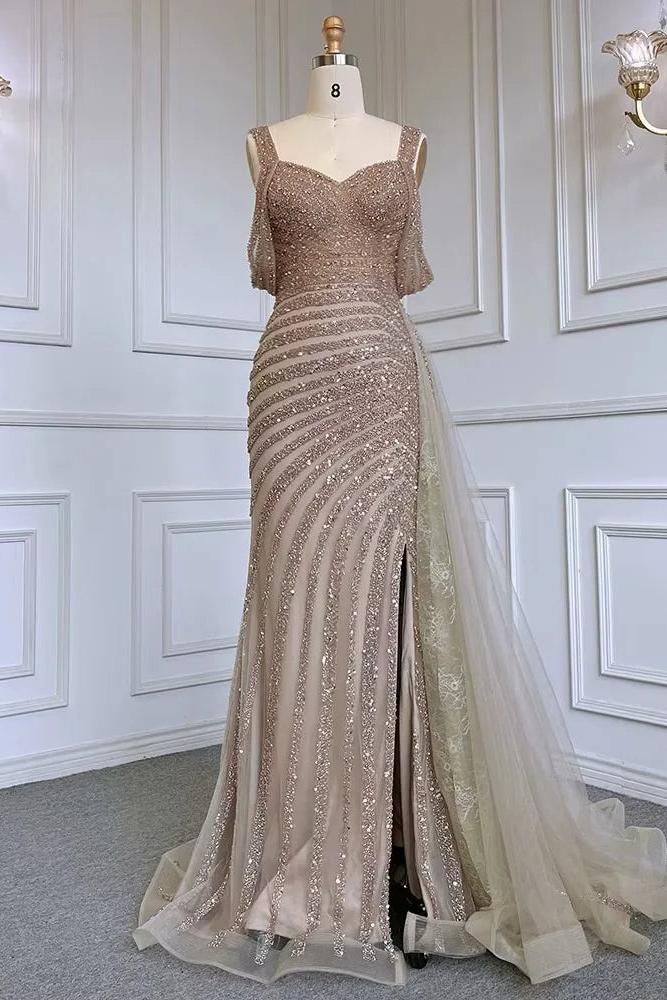 Champagne Mermaid Prom Dress Straps Beaded Evening Dress