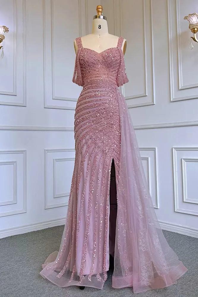 Champagne Mermaid Prom Dress Straps Beaded Evening Dress