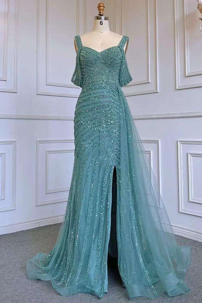 Champagne Mermaid Prom Dress Straps Beaded Evening Dress