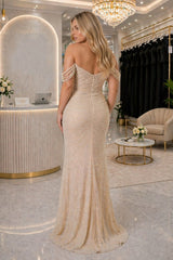 Champagne Pearl Beaded Prom Dress with Off Shoulder Draping and Front Slit