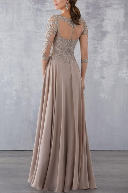 Champagne Prom Dress A Line Crew Beaded Lace Illusion Half Sleeves Floor Length Chiffon Formal Dress