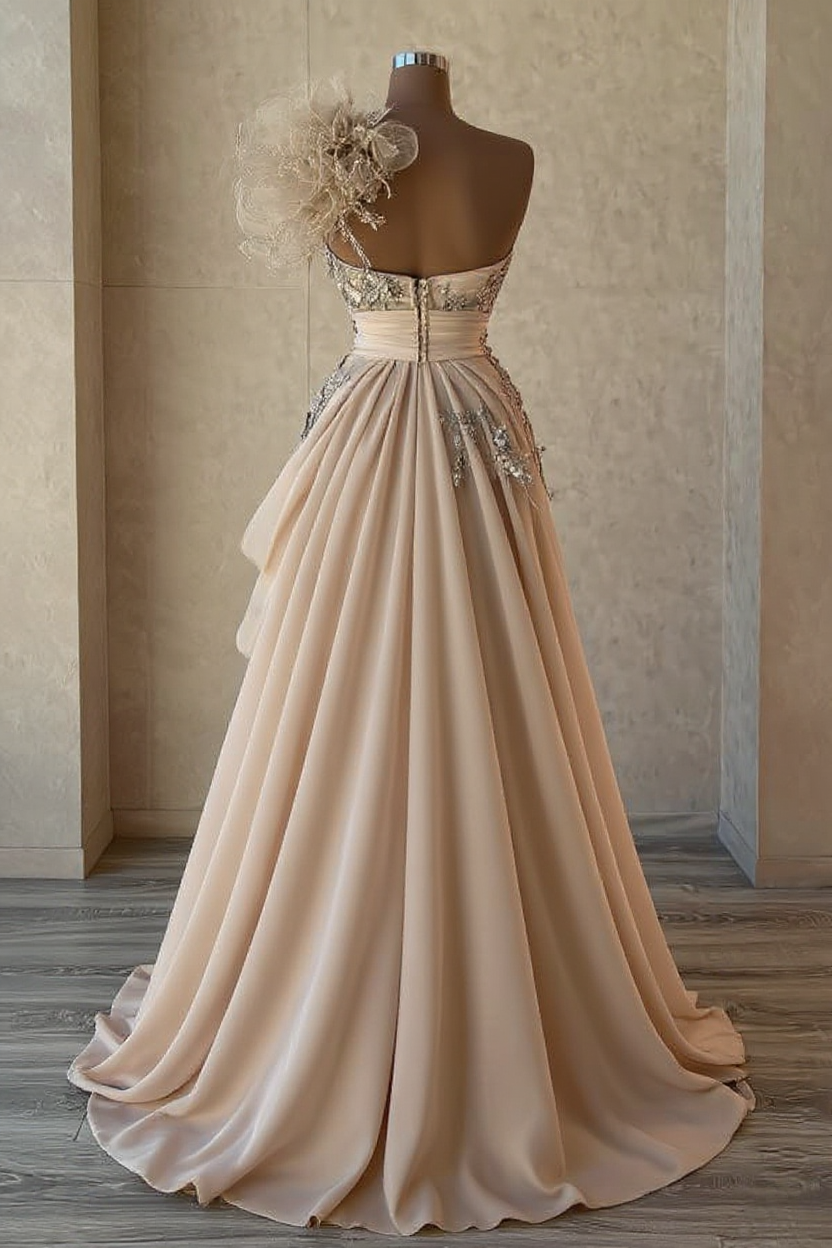 Champagne Prom Dress A Line One Shoulder Beaded Sleeveless Formal Dress