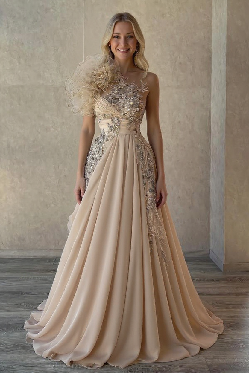 Champagne Prom Dress A Line One Shoulder Beaded Sleeveless Formal Dress