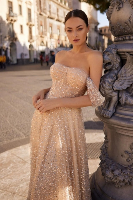 Champagne Prom Dress A Line Strapless Off The Shoulder Sleeveless Sequined Tulle Formal Dress