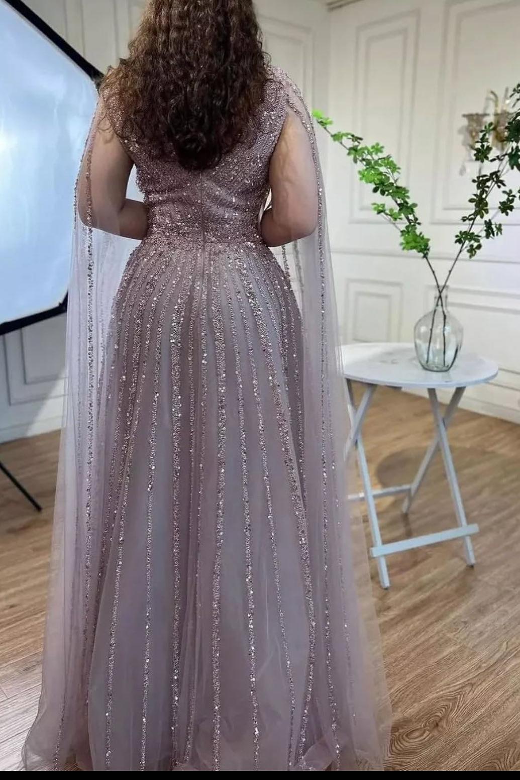 Champagne Prom Dress A Line V Neck Beaded Sequined Illusion Sleeves Floor Length Tulle Formal Dress