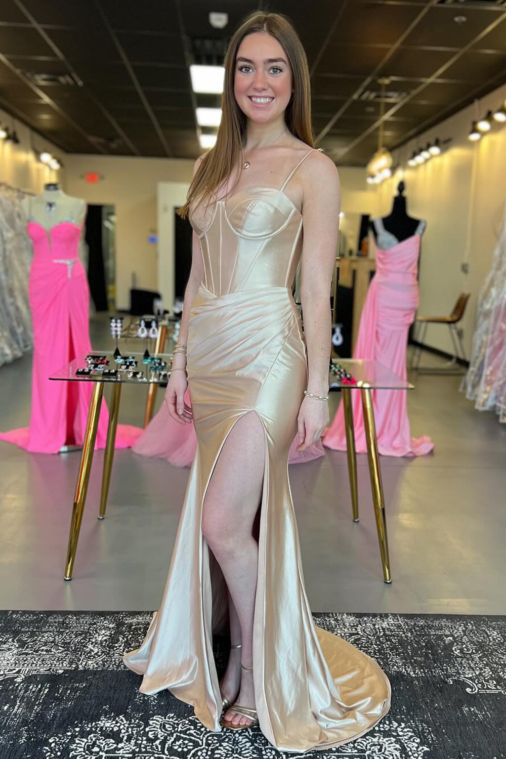 Champagne Prom Dress Corset Mermaid Long Evening Dress With Slit