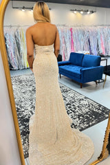 Champagne Prom Dress Keyhole Mermaid Long Beaded Evening Dress With Slit