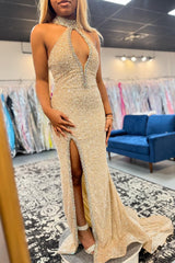 Champagne Prom Dress Keyhole Mermaid Long Beaded Evening Dress With Slit