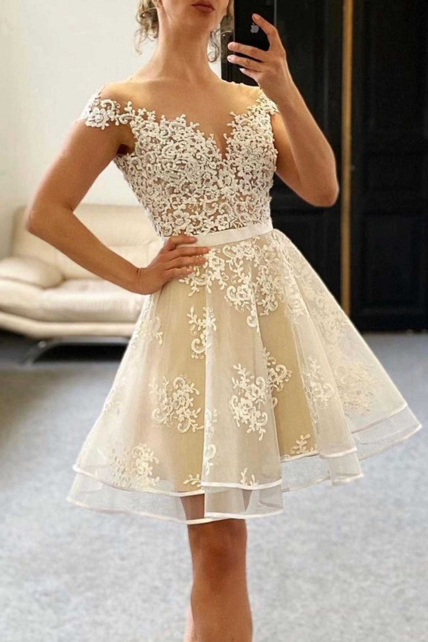 Champagne Prom Dress Lace Short Cocktail Dress Evening Dress