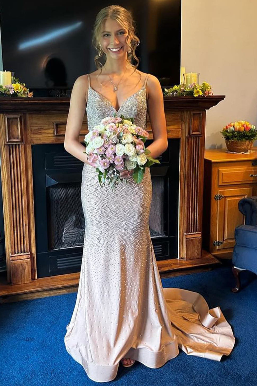 Champagne Prom Dress Mermaid Beaded Long Evening Dress