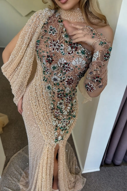 Champagne Prom Dress Mermaid One Shoulder Cap Sleeve Beaded Sequined Slit Tulle Formal Dress With Rhinestone