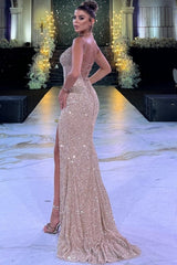 Champagne Prom Dress Mermaid Spaghetti Strap Sequined Sleeveless Formal Dress With Slit