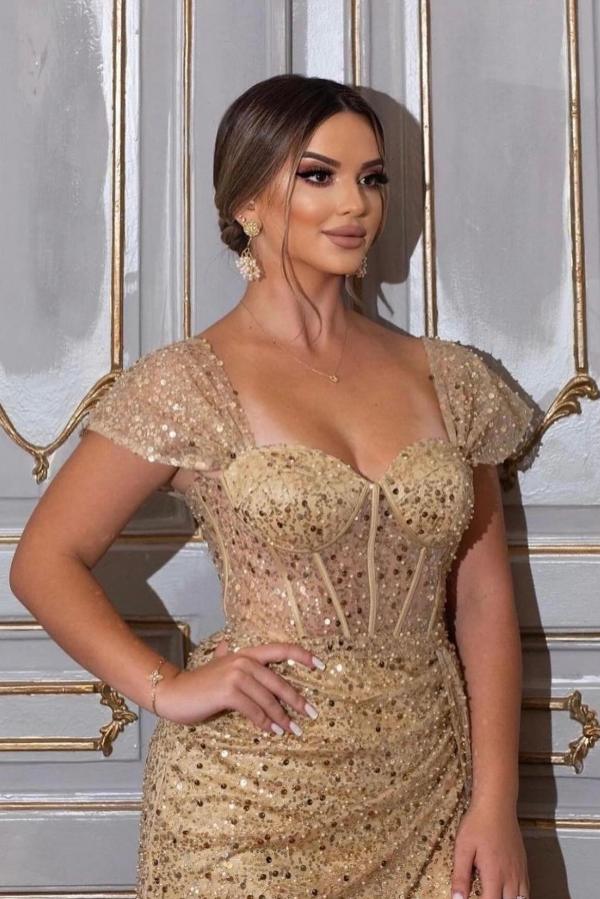 Champagne Prom Dress Mermaid Sweetheart Cap Sleeves Sequined Tulle Formal Dress With High Slit