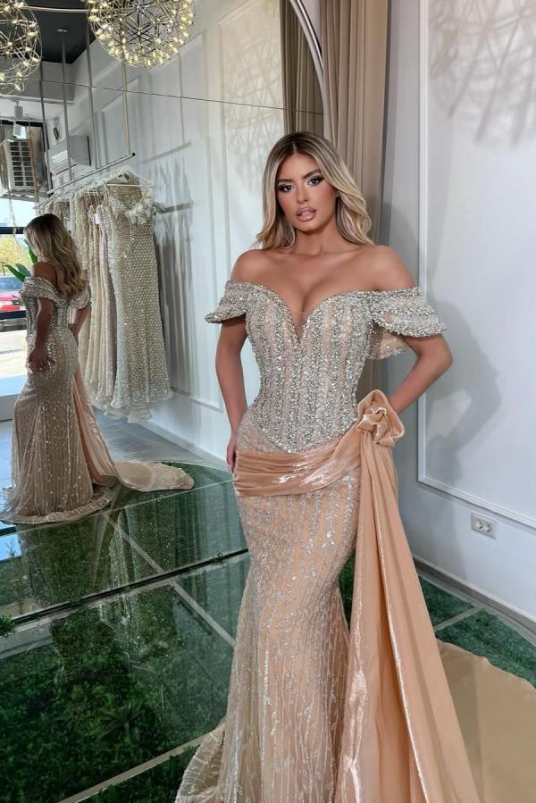 Champagne Prom Dress Mermaid Sweetheart Off The Shoulder Sleeveless Sequined Panel Train Tulle Formal Dress With Rhinestones