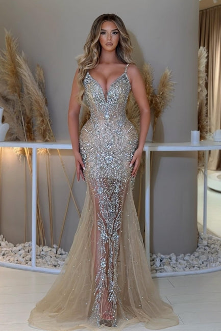 Champagne Prom Dress Mermaid V Neck Spaghetti Strap Sleeveless Sequined Tulle Formal Dress With Rhinestone