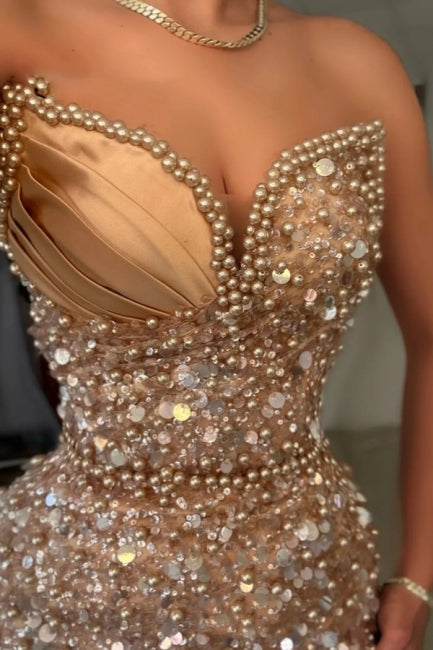 Champagne Prom Dress Sequined Beads Sleeveless Formal Dress