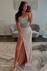 Champagne Prom Dress Strapless Sheath Beaded Long Formal Dress With Slit