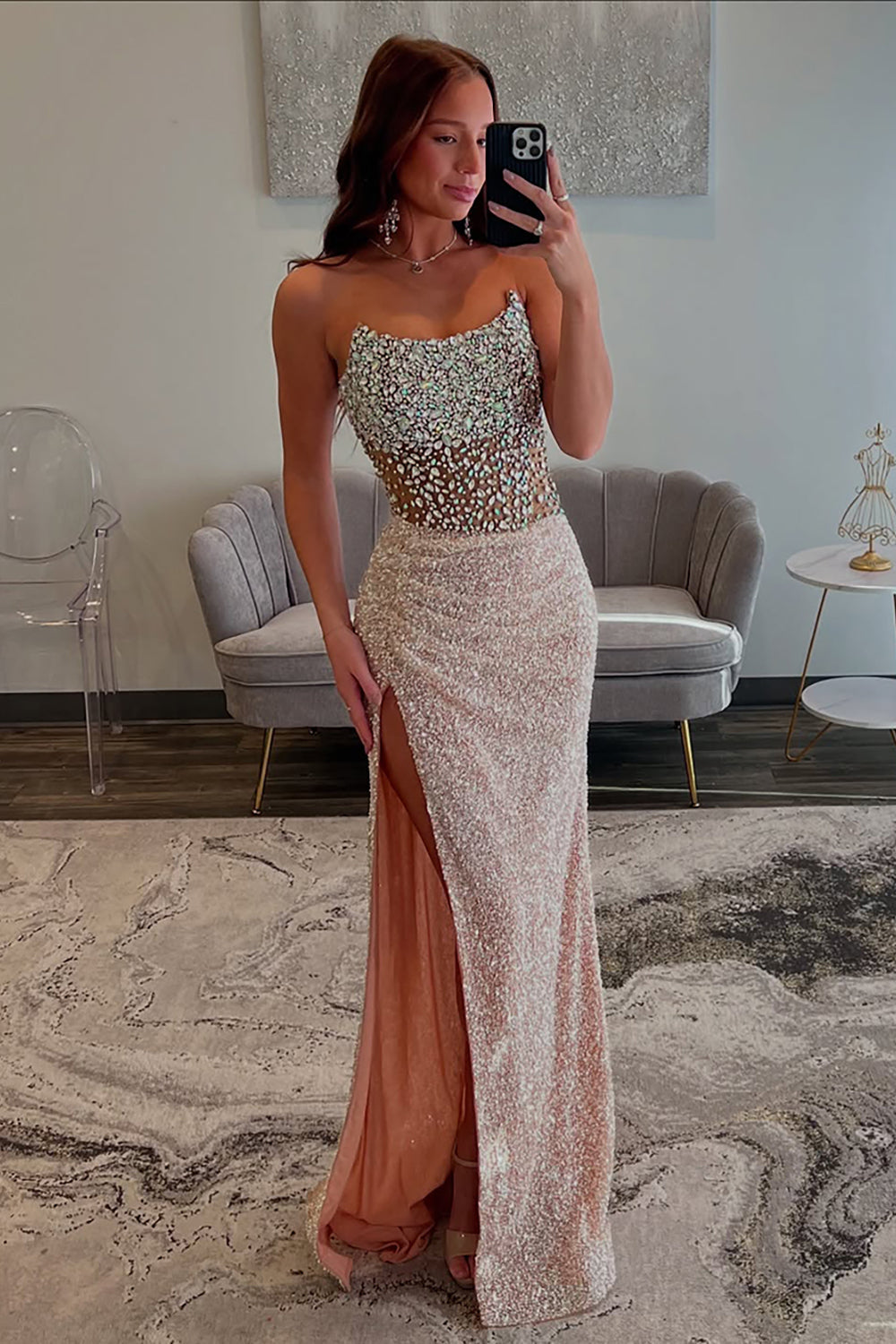 Champagne Prom Dress Strapless Sheath Beaded Long Formal Dress With Slit